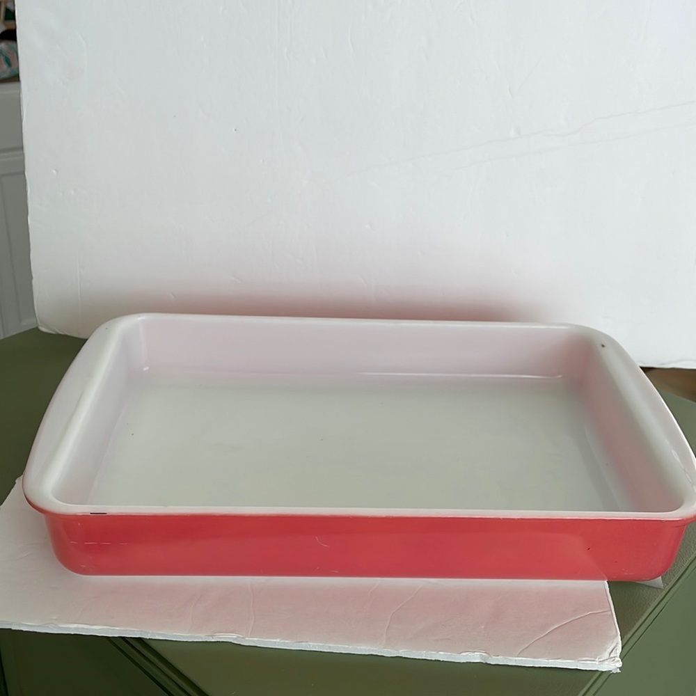 Red Pyrex baking dish.